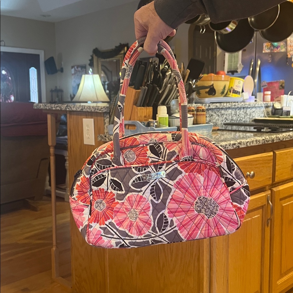 Vera Bradley Cherry Blossoms Bowler Bag Pink Gray Floral Quilted Shoulder Bag